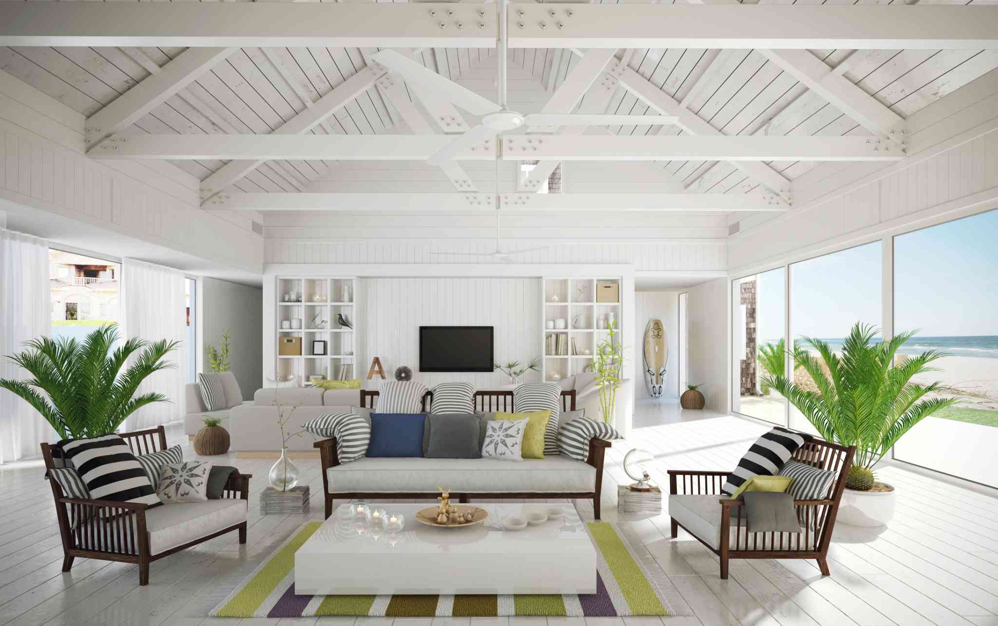 A color scheme is going to be the biggest factor in keeping your apartment feeling like a beach.  Use lots of crisp whites and light tan colors to recreate that sandy shore experience. 
